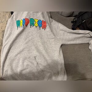 “Hood Rich” Gray Hoodie with Colorful Graphic